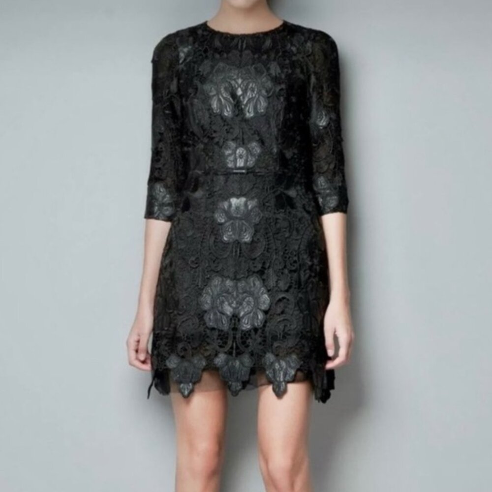 NWT ZARA WOMAN Limited Edition Black Lace Faux Leather Mini Dress — Size M